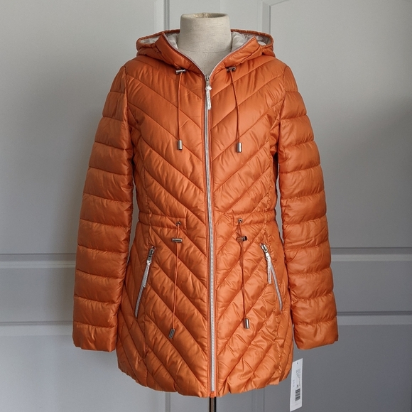 French Connection Jacket Hood Lightweight Chevron Quilted Packable Orange S NWT - Picture 2 of 16